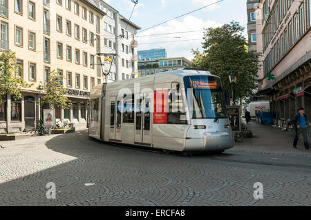 Modern tram in Düsseldorf city center on the route which in 2016 is destined to be replaced by the new underground line, Germany Stock Photo