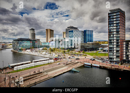 moody clouds in the sky over the BBC norther baseSalford Quays Media city    Architect  property properties building development Stock Photo