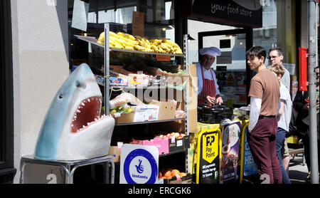 Look out for those High Street Sharks The Go Local convenience store in North Road Brighton with plastic sharks head Stock Photo