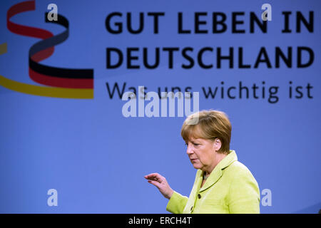 Berlin, Germany. 01st June, 2015. German Chancellor Angela Merkel (CDU) attends the 'citizen's dialogue' of the federal press and information office in Berlin, Germany, 01 June 2015. Credit:  dpa picture alliance/Alamy Live News Stock Photo