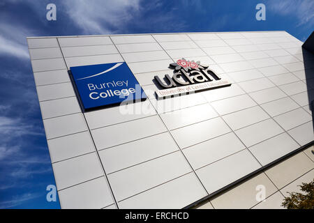 Burnley Sixth Form College sign and the Uclan logo    logo UK Great Britain British United Kingdom Europe European island Englan Stock Photo