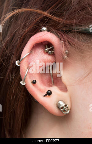 Close up of multiple ear piercings (9),  in a woman, UK Stock Photo