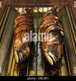 Smoke-dried mackerel fish on lattice, close up view Stock Photo