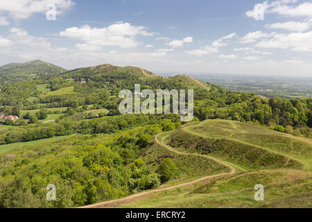 Springtime on the Malvern Hills looking north towards the Worcestershire Beacon, from British camp, Worcestershire, England. UK Stock Photo