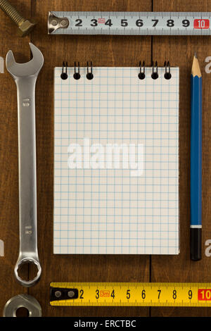 set of tools and instruments on wooden background Stock Photo