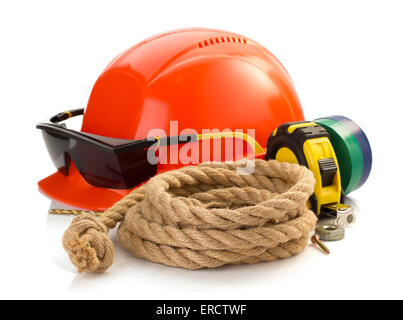 construction helmet and tools isolated on white background Stock Photo