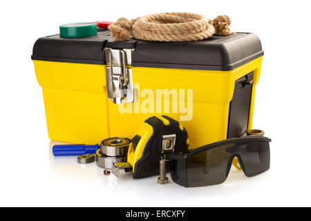 tools and instruments with toolbox isolated on white background Stock Photo