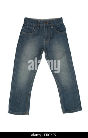 Children's blue stone washed jeans isolated on white background Stock Photo