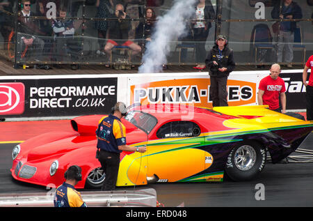 Nitrous oxide blast from the Willis coupe at Santa Pod's FIA Main Event, May 2015 Stock Photo