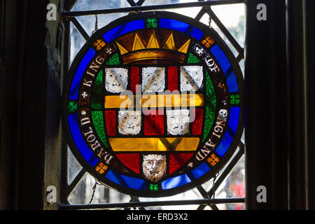 Detail in th stainled glass windows at Speke Hall in Liverpool Stock Photo