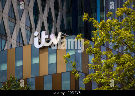 ITV logo on a building at MediaCity, Salford Quays, Greater Manchester.
