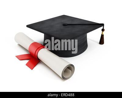 Mortar board and diploma isolated on white. Stock Photo
