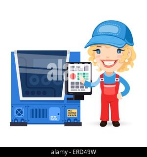 Female Factory Worker is Setting Up CNC Machine Stock Vector