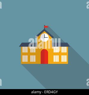 School Building Flat Icon with Long Shadow, Vector Illustration Stock Vector
