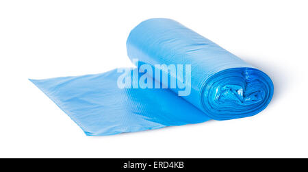 Roll of blue plastic garbage bags isolated on white background Stock Photo