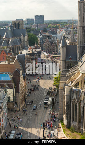 View of Emile Braunplein and Cataloniestraat from the Belfort tower, Ghent Belgium. Stock Photo