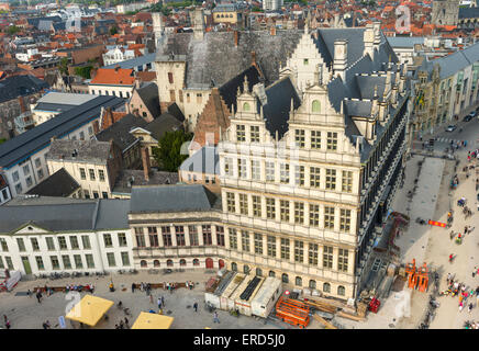View of Poeljemarkt, the Town Hall and Botermarkt, seen from the Belfort tower, Ghent Belgium. Stock Photo