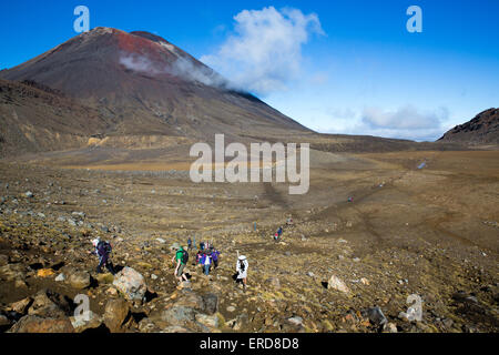Walkers on the Tongariro Alpine Crossing with smoking Mount Ngauruhoe volcano in the distance Stock Photo