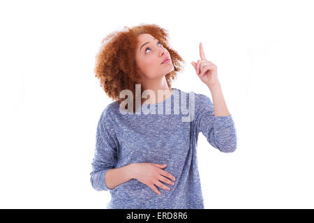 Young african american teenage girl pointing finger up, isolated on white background - black people Stock Photo
