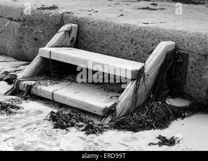 Wooden Steps on a sandy beach with seaweed Stock Photo