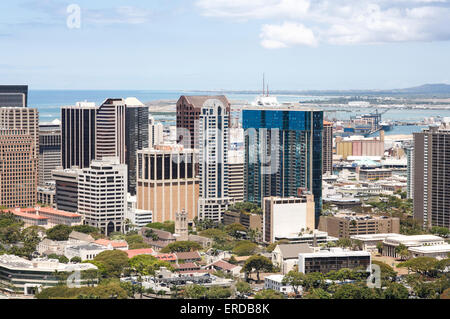 Honolulu, Hawaii, USA. 29th May, 2015. Wide-angle view of Downtown Honolulu high-rise buildings on Oahu, Hawaii. Stock Photo
