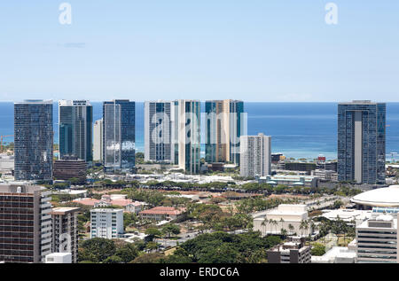 Honolulu, Hawaii, USA. 29th May, 2015. Wide-angle view of Honolulu high-rise buildings on Oahu, Hawaii. Stock Photo