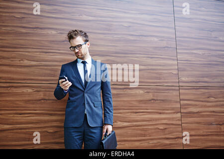 Businessman with briefcase using cellphone Stock Photo