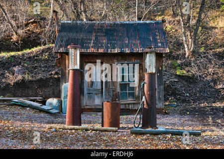 Old gas station at semi-ghost town of Mogollon, New Mexico, USA Stock Photo
