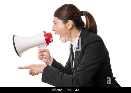 Business Woman Using a Megaphone and point Stock Photo