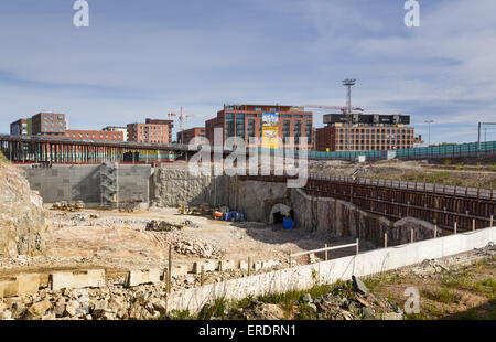 New Kalasatama residential area under construction in Helsinki extends also downwards into the granite bedrock. Stock Photo