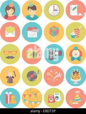Set of modern flat style round icons of kids birthday party in bright colors. Boy, girl, gifts, balloons, magic tricks, cake Stock Vector