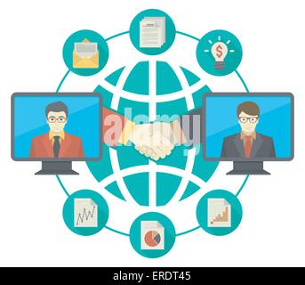 Modern flat conceptual illustration of business cooperation using the new information-sharing technologies. Stock Vector