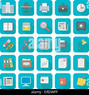 Set of modern flat business office icons with long shadows. Office equipment, supplies and furniture symbols Stock Vector