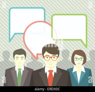 Flat vector illustration of a young business team and speech bubbles with blank place for text. Stock Vector