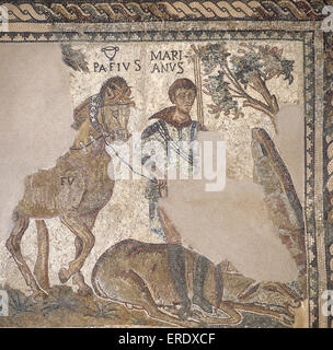 Roman mosaic Hunter with dead deer. Merida (Augusta Emerita). Spain. National Museum of Roman Art. Merida. Spain. Stock Photo