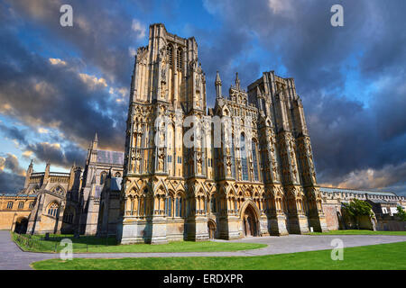 The facade of the medieval Wells Cathedral built in the Early English Gothic style in 1175, Wells, Somerset, England Stock Photo