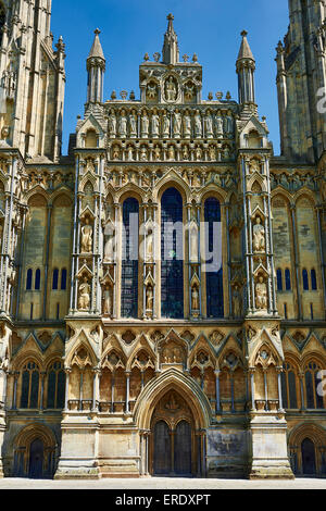 The facade of the medieval Wells Cathedral built in the Early English Gothic style in 1175, Wells, Somerset, England Stock Photo