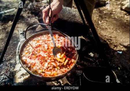 Close up of person stirring soup cooking over campfire Stock Photo