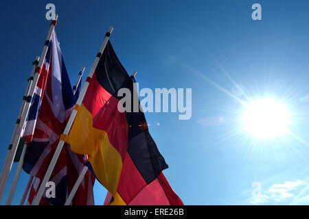 Moritzburg, Germany. 2nd June, 2015. The flags of the G6 countries wave at the G6 Meeting of Interior Ministers at Moritzburg Castle in Moritzburg, Germany, 02 June 2015. The German Interior Minister de Maiziere meets with his counterparts from France, Italy, Poland, Spain, and the UK (G6), as well as the EU Commissioner, on 01 and 02 June for political briefing at the Castle near Dresen. Credit:  dpa picture alliance/Alamy Live News Stock Photo