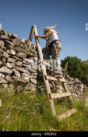 UK, England, Staffordshire, Dovedale, Milldale, female walker crossing stile over dry stone wall above River Dove Stock Photo