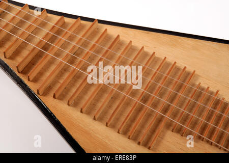 Chinese Pipa, close-up of the frets, or short-necked lute, tradtional instrument of china made with shallow piriform body, Stock Photo