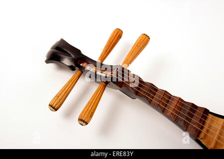 Chinese Pipa, close-up of the tuning pegs, or short-necked lute, tradtional instrument of china made with shallow piriform body, wooden soundboard and frets and four strings tuned to E, A, B, E. Stock Photo