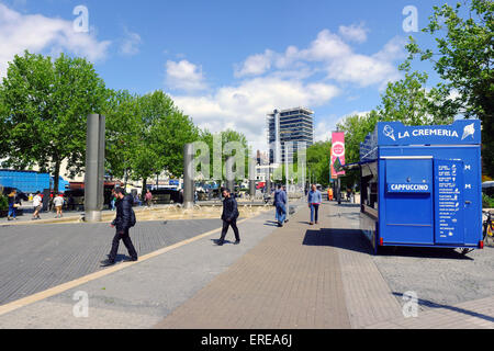 Pedestrians walk past the fountains in the centre of Bristol in the UK. Stock Photo