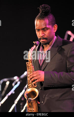 British saxophone player Jason Yarde photographed at the Cheltenham Jazz Festival. Jason was with the Jazz Warriors and is Stock Photo