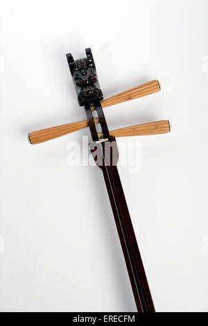 San Hsien or Sanxian, 3 stringed chinese lute. Dragons-head scroll and tuning pegs. Hsien Tse. Stock Photo