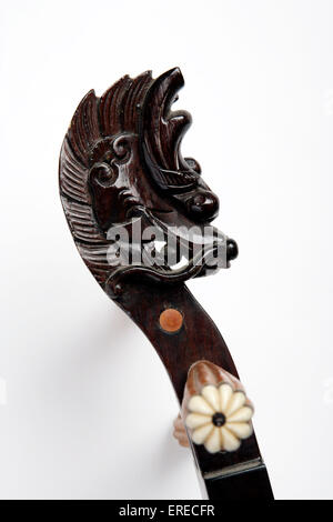 San Hsien or Sanxian, 3 stringed chinese lute. Dragons-head scroll and tuning pegs. Hsien Tse. Stock Photo
