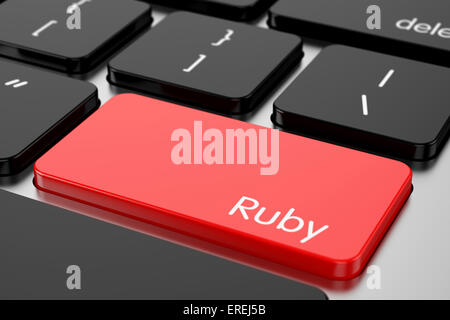 3d renderion of computer programming coding keyboard concept. Red Enter button with machine code language Ruby Stock Photo