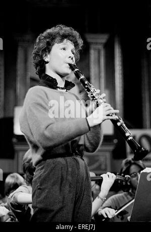 Emma Johnson, British clarinetist, pictured in rehearsal at the Schools Prom, Royal Albert Hall, London, 1984. (b. 1966) Stock Photo