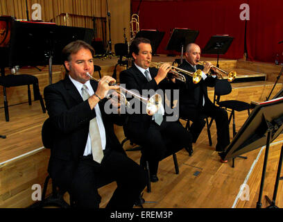 Orchestral Trumpet section, three players holding their trumpets. Stock Photo