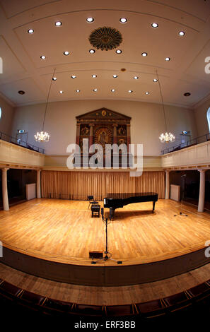 St Georges, Brandon Hill, Bristol. Small concert hall with piano on the stage Stock Photo